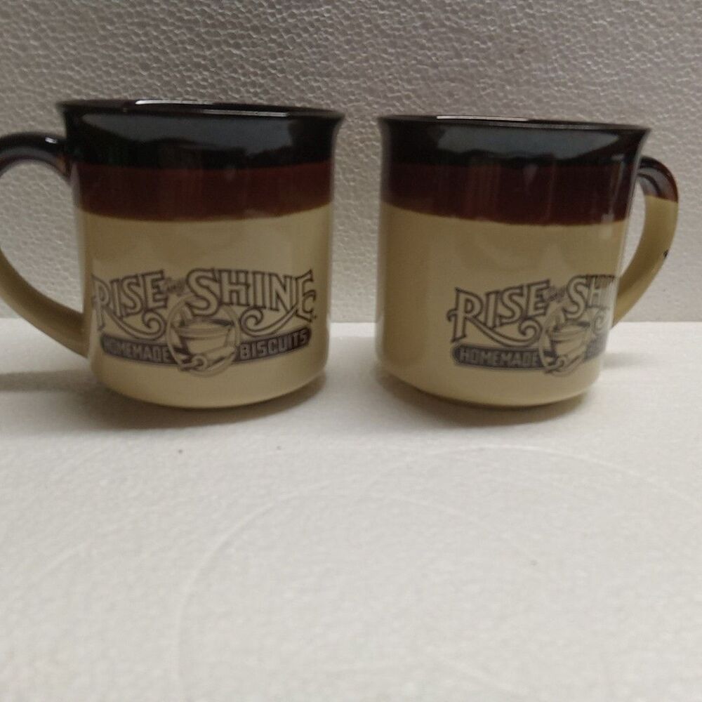 2 VTG Farmhouse ‘Rise and Shine Homemade Biscuits’ Ceramic Coffee Mug 1986 10oz